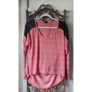 Material Girl Womens Top Sz L Orange & White Striped Stretch Open Back Long Slee